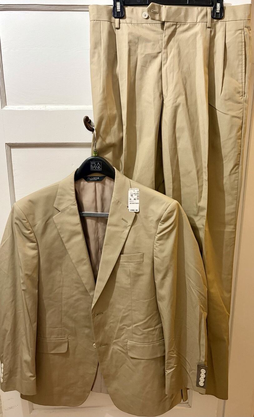 I2 Jos A Bank Tailored 2 Pc Suit Khaki 40R 34W Spring Weight Cotton Unalter $350
